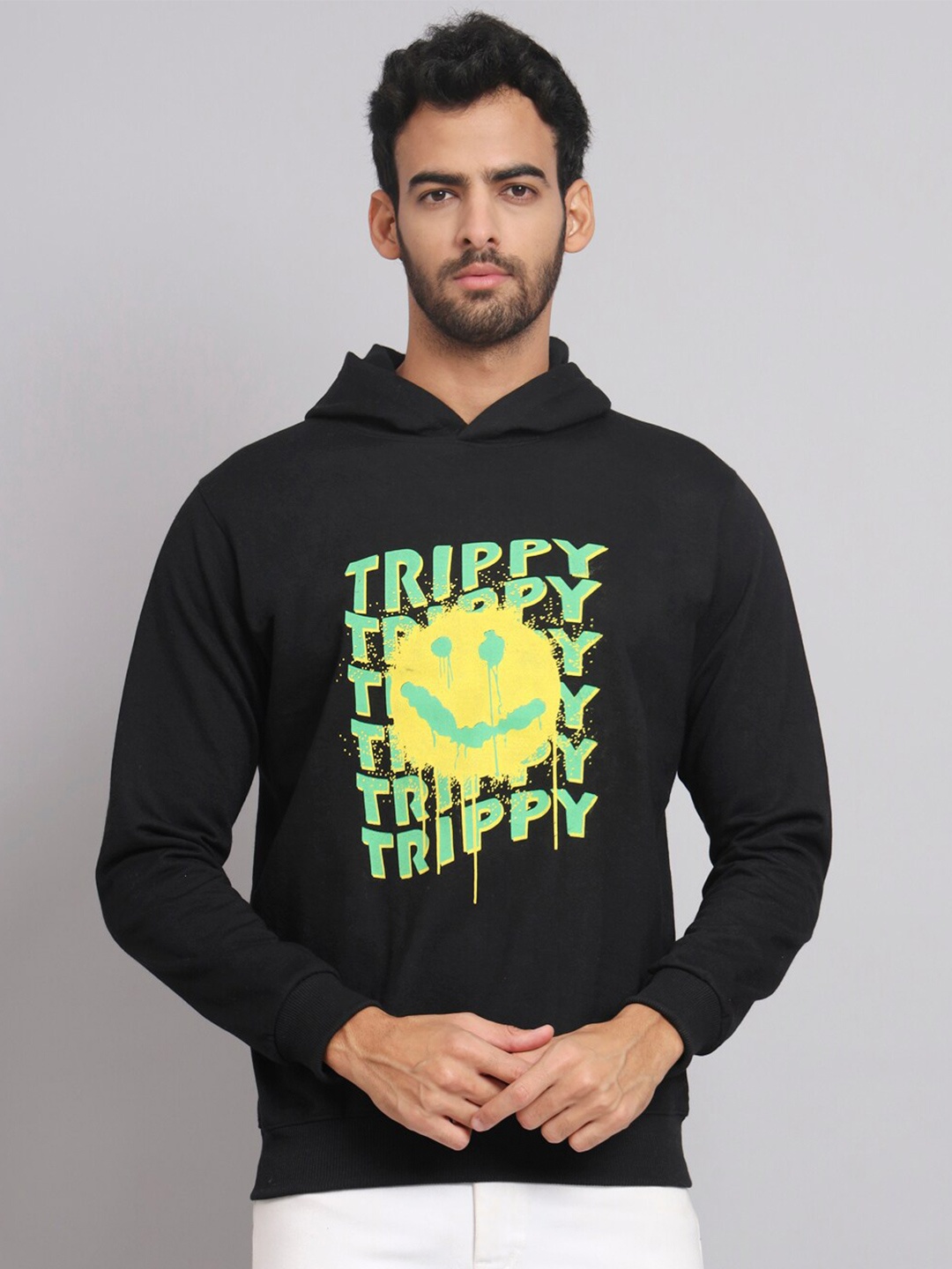 

Obaan Men Printed Hooded Pullover Sweatshirt, Black