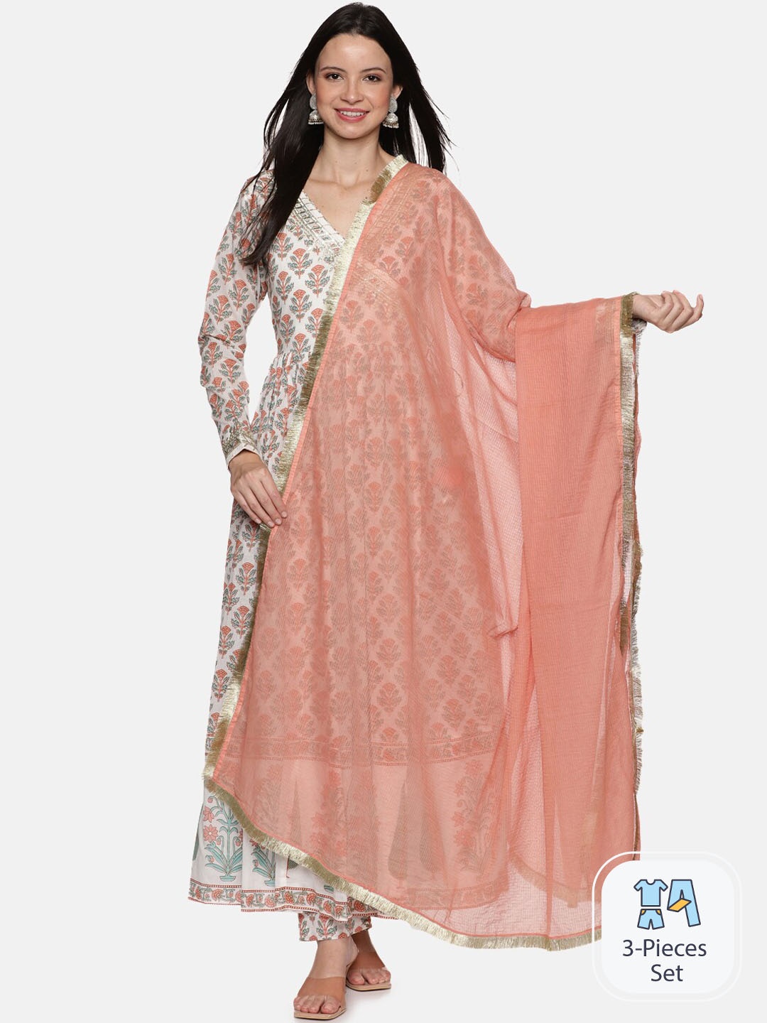 

Palakh Floral Printed Anarkali Thread Work Pure Cotton Kurta with Trousers & Dupatta, Green
