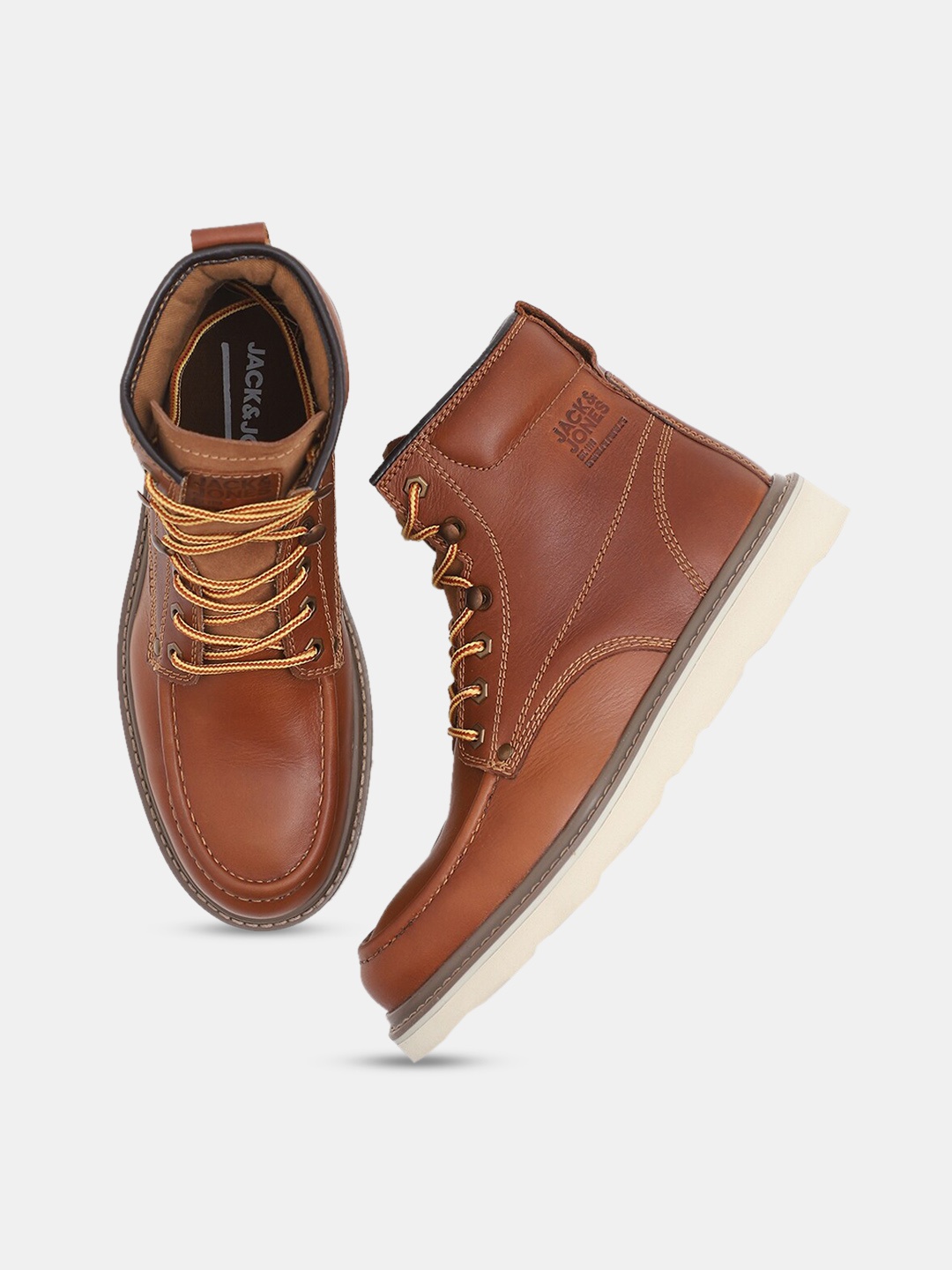 

Jack & Jones Men Leather Flatform Mid-Top Boots, Tan