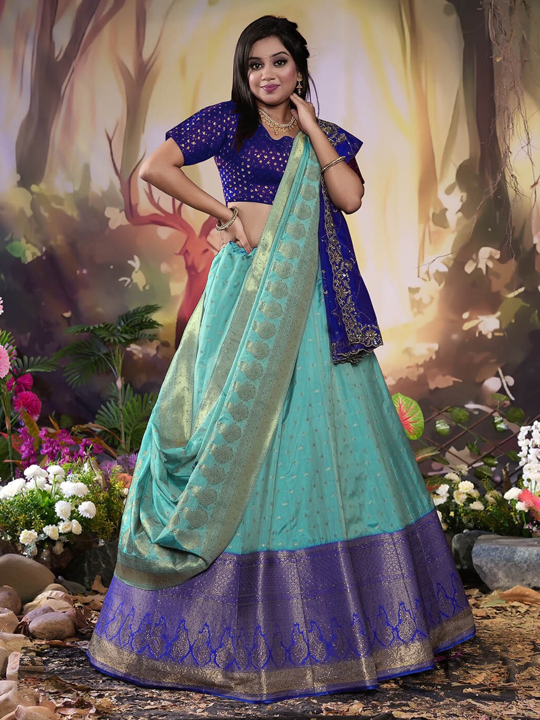 

HALFSAREE STUDIO Woven Design Zari Semi-Stitched Lehenga & Unstitched Blouse With Dupatta, Blue