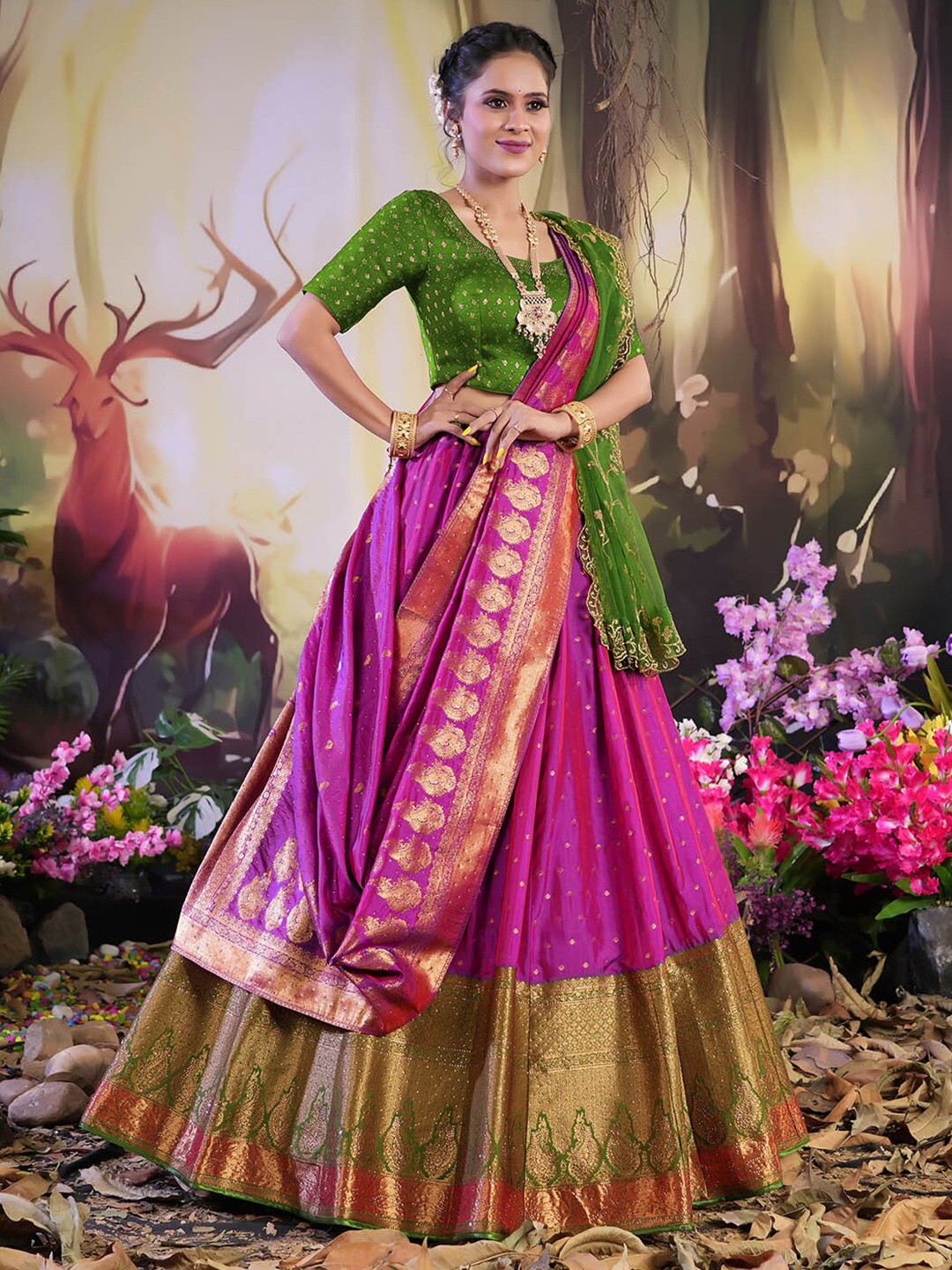 

HALFSAREE STUDIO Floral Woven Design Lehenga Choli, Purple
