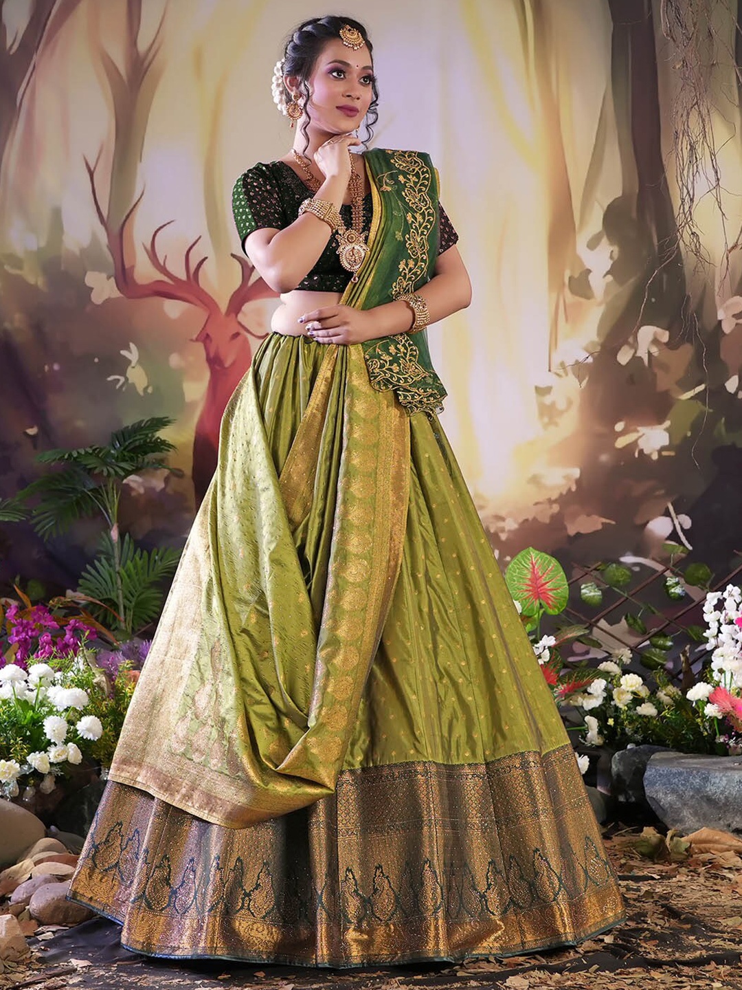 

HALFSAREE STUDIO Woven Design Zari Lehenga Choli, Olive