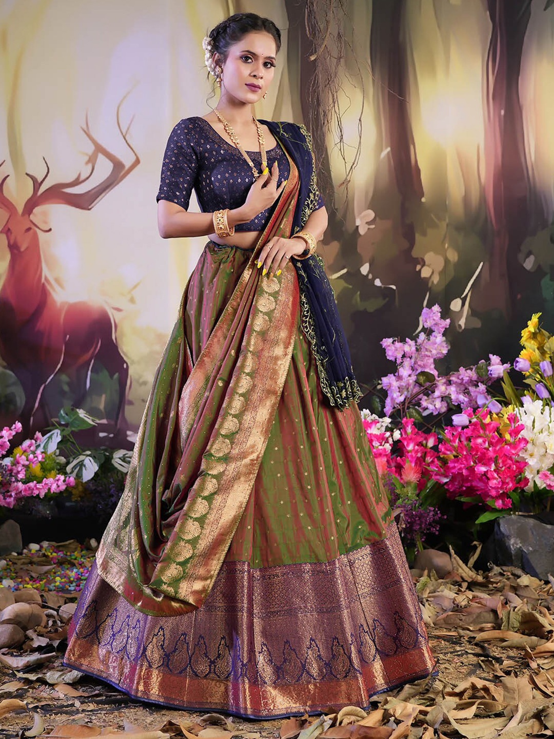 

HALFSAREE STUDIO Woven Design Zari Lehenga Choli, Green