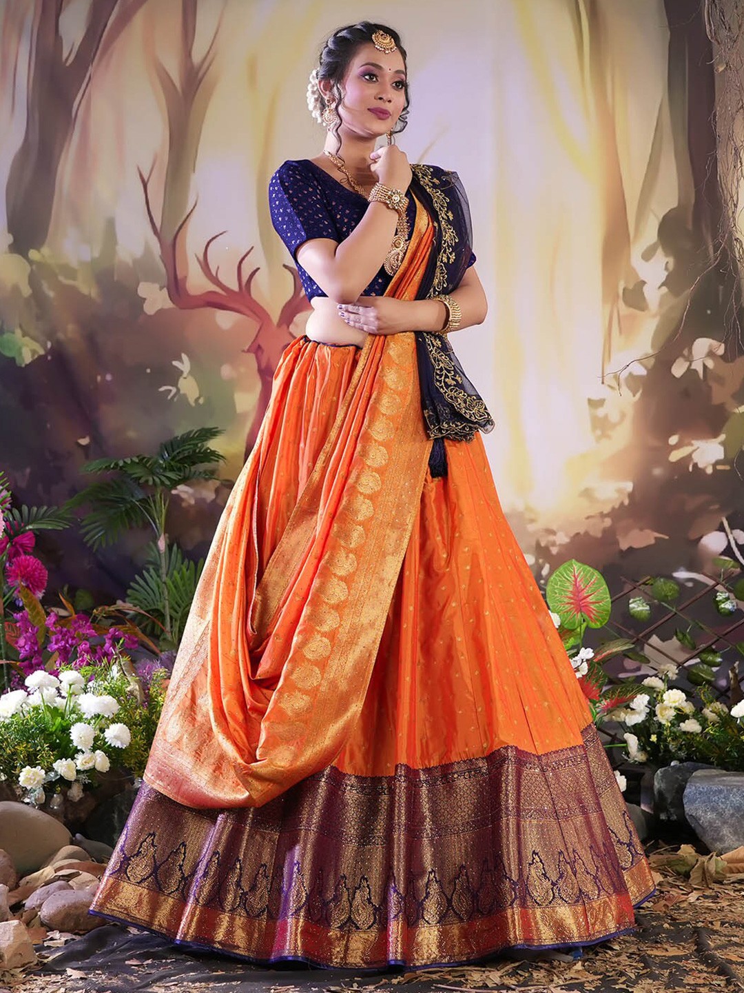 

HALFSAREE STUDIO Woven Design Zari Lehenga Choli, Orange