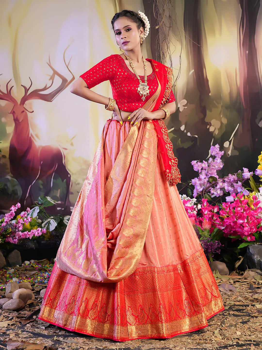 

HALFSAREE STUDIO Woven Design Zari Lehenga Choli, Red