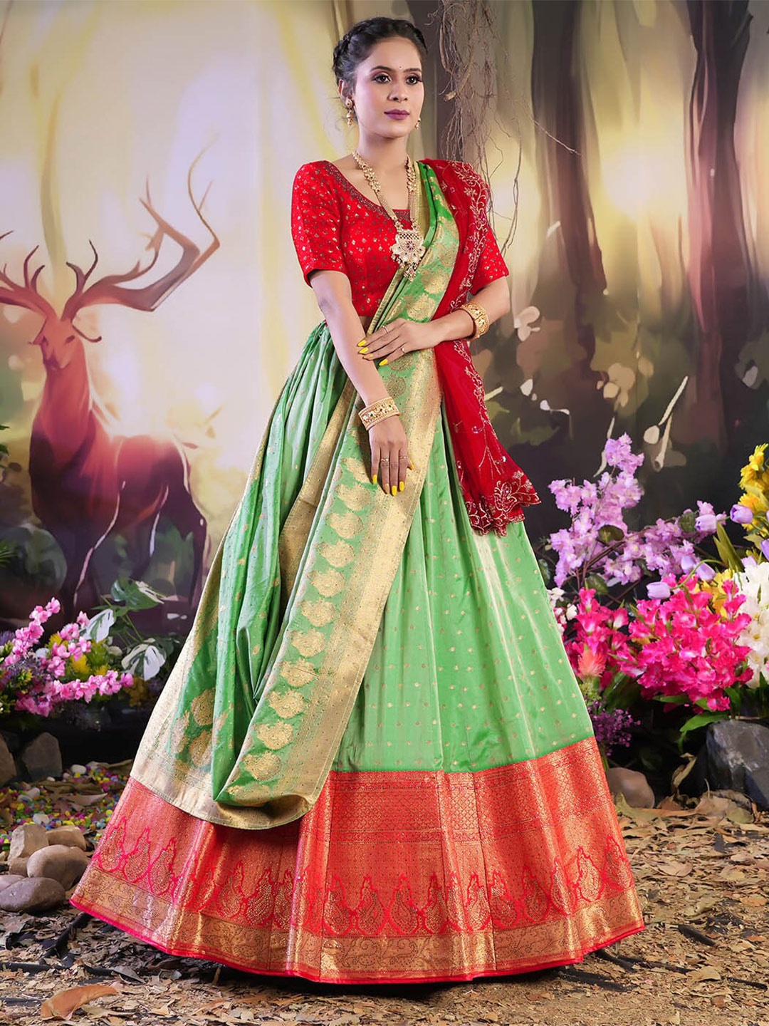 

HALFSAREE STUDIO Semi-Stitched Lehenga & Unstitched Blouse With Dupatta, Green