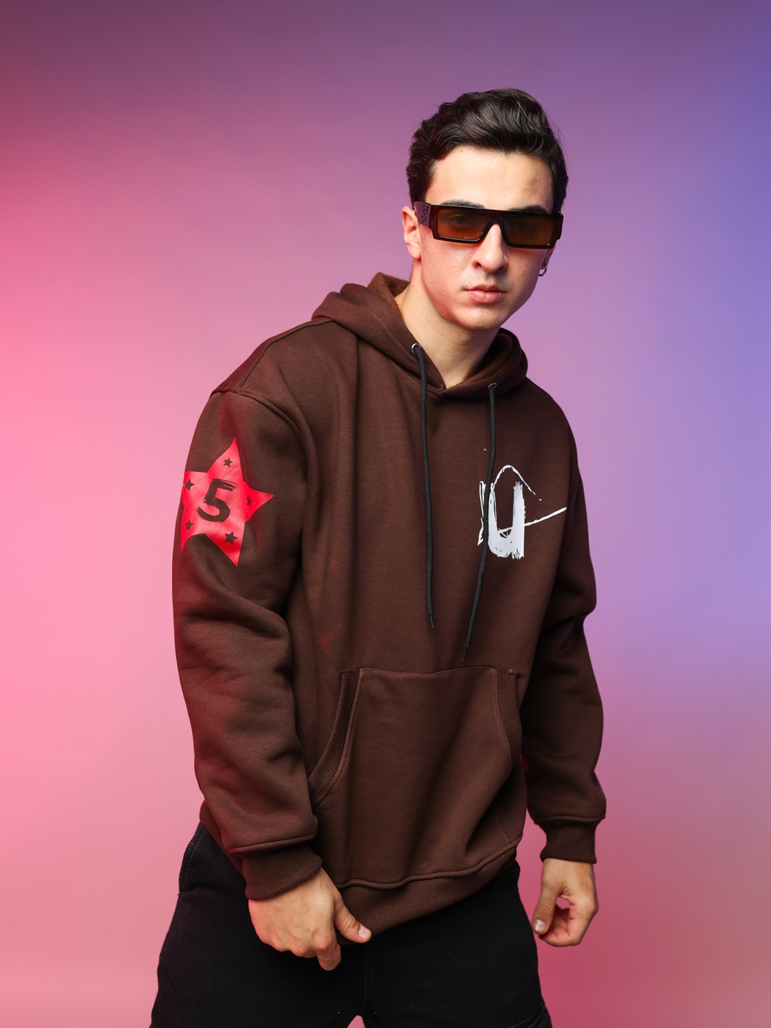 

UNRL Graphic Printed Hooded Pullover Sweatshirt, Brown