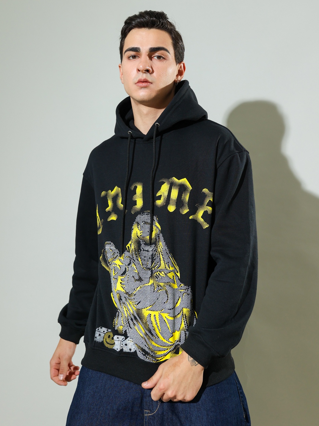 

UNRL Men Printed Hooded Sweatshirt, Black