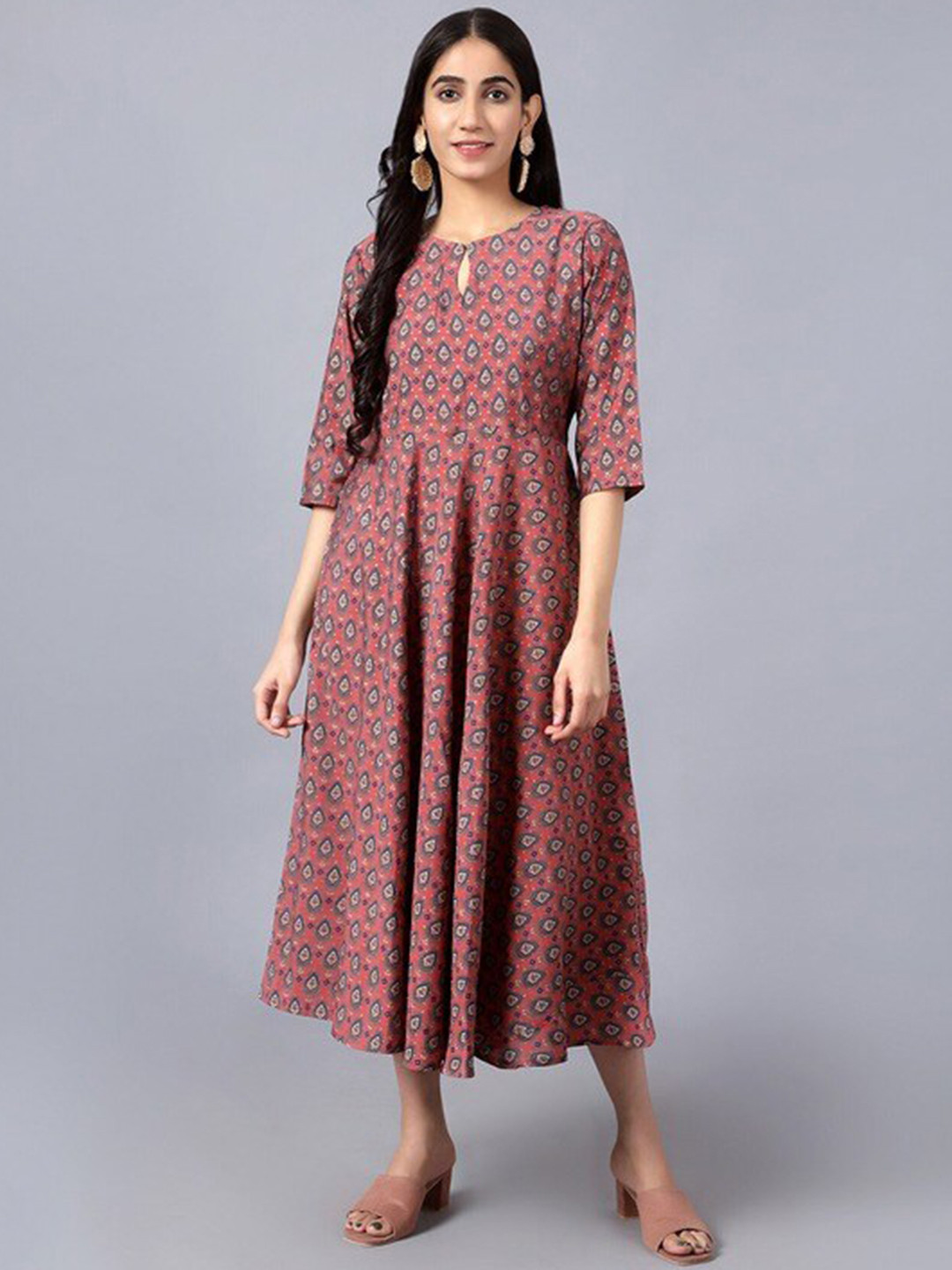 

KALINI Keyhole Neck Ethnic Printed Fit & Flare Cotton Midi Ethnic Dress, Peach