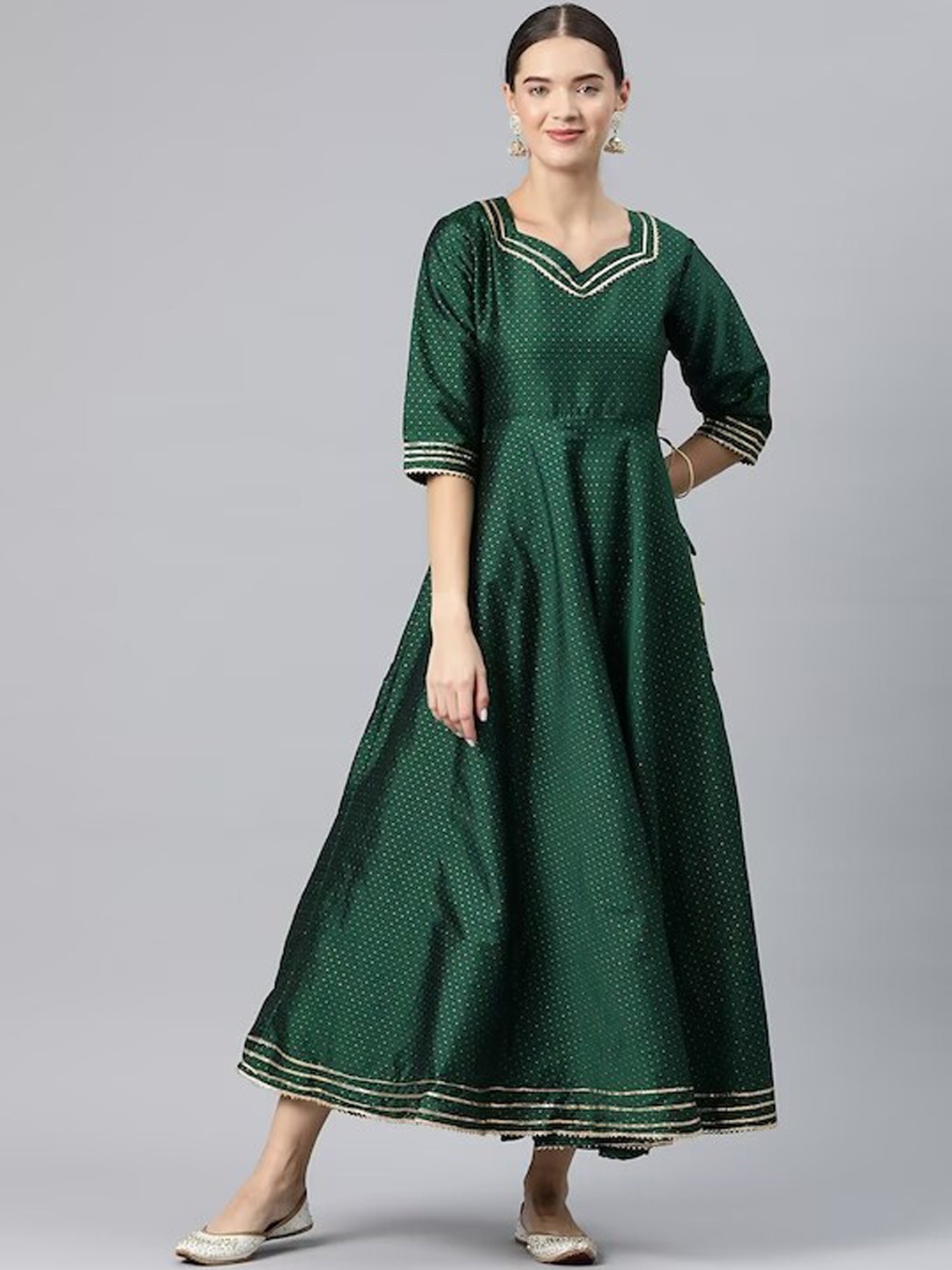 

KALINI V Neck Self Design Gotta Patti Fit & Flare Maxi Ethnic Dress, Green