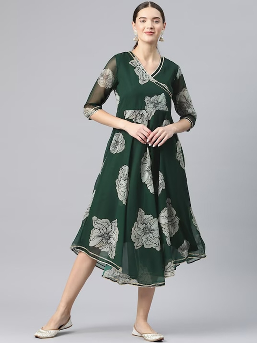 

KALINI Floral Printed Gotta Patti Fit & Flare Angraka Style Midi Ethnic Dress, Green