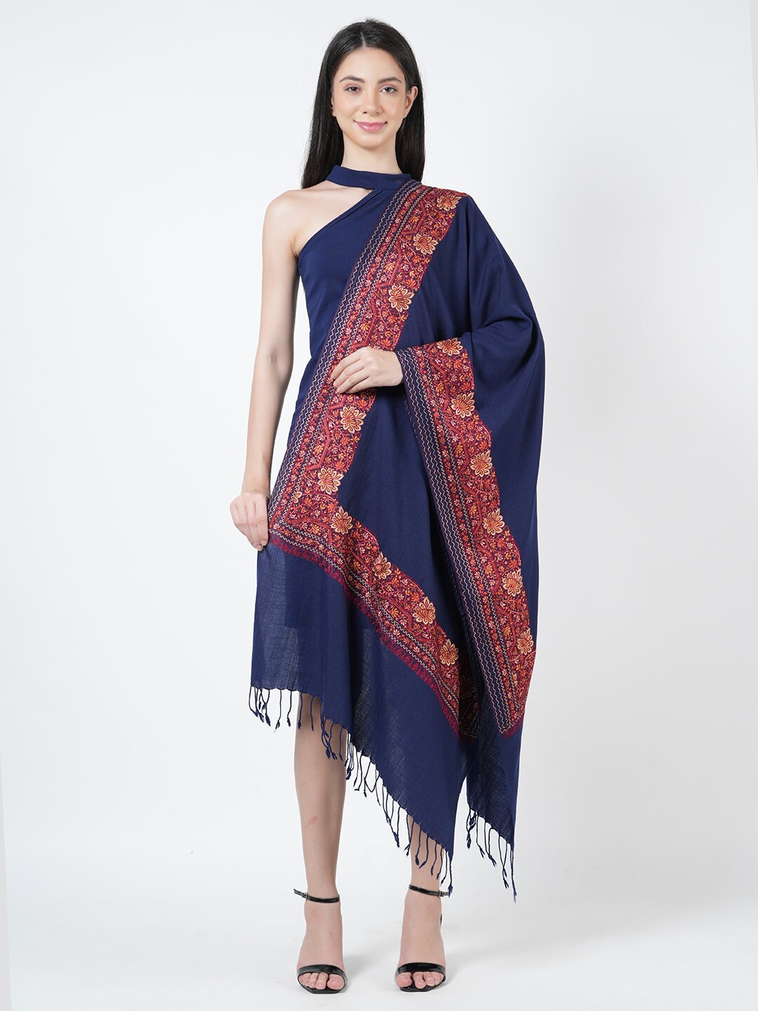 

MUFFLY Floral Embroidered Woollen Shawl, Blue