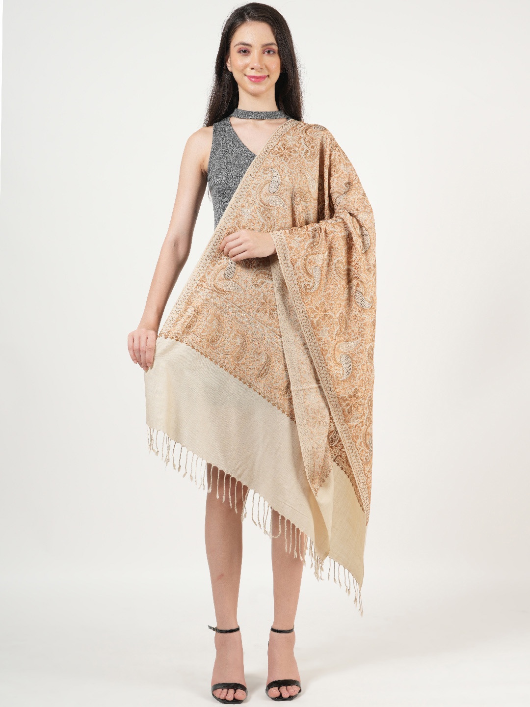 

MUFFLY Nalki Embroidered Heavy Jaal Design Silky Pashmina Pure Woolen Shawl, Cream