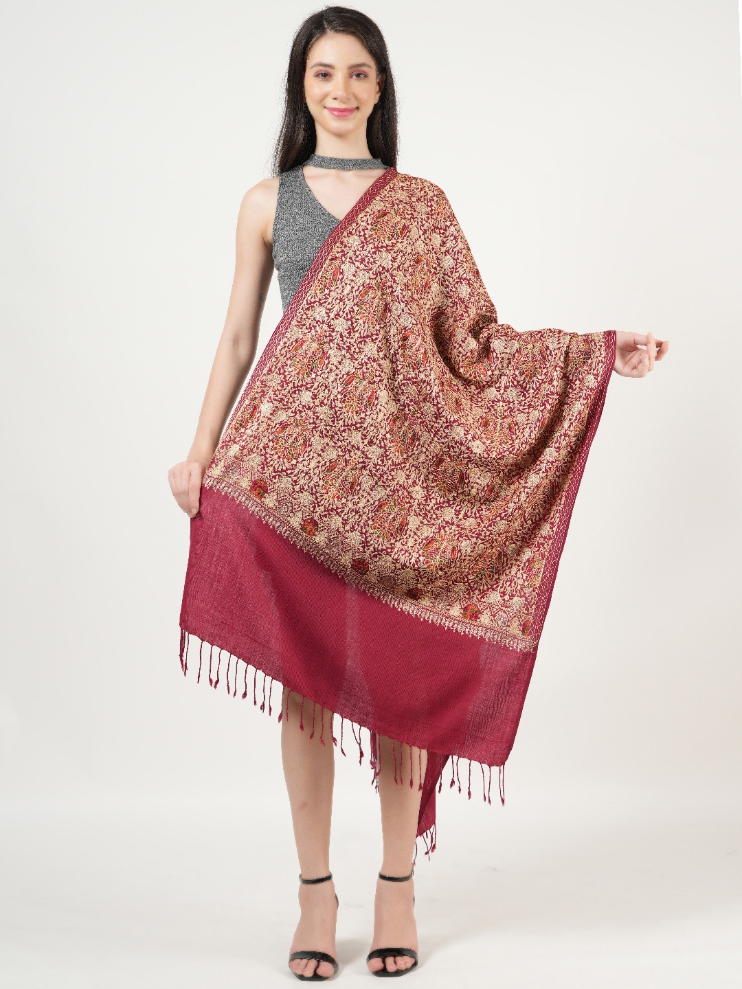 

MUFFLY Embroidered Heavy Jaal Design Silky Pashmina Pure Woolen Shawl, Maroon