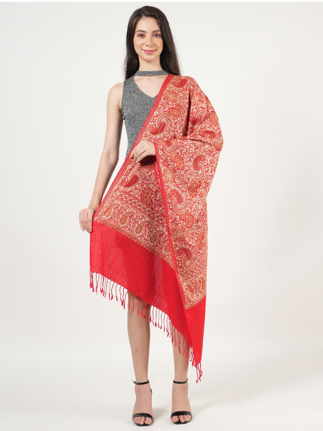

MUFFLY Nalki Embroidered Heavy Jaal Design Silky Pashmina Pure Woolen Shawl, Red