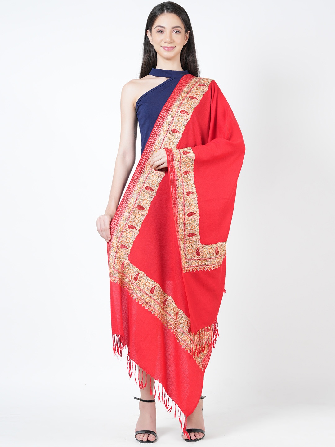 

MUFFLY Embroidered Border Pashmina Wool Beaded Shawl, Red