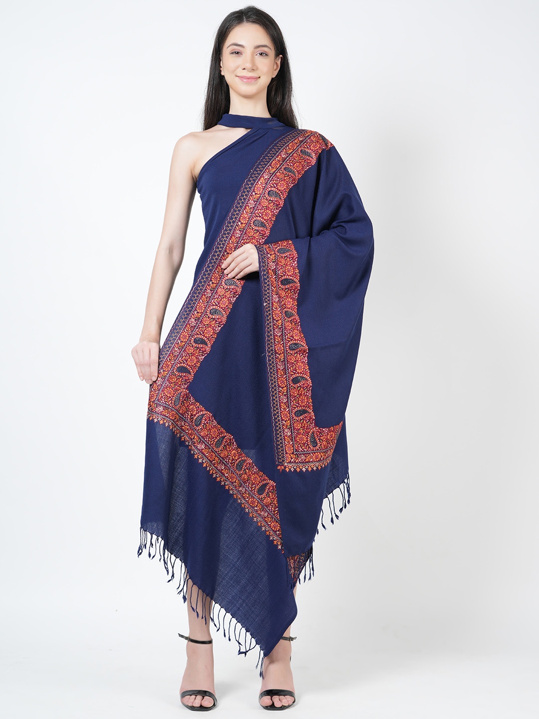 

MUFFLY Embroidered Border Pashmina Wool Beaded Shawl, Blue