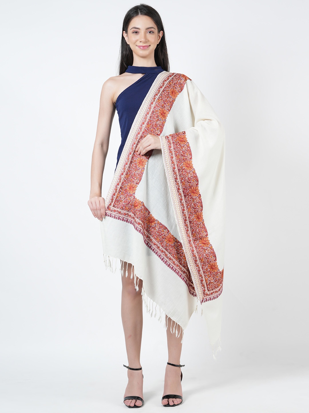 

MUFFLY Embroidered Border Pashmina Wool Beaded Shawl, White