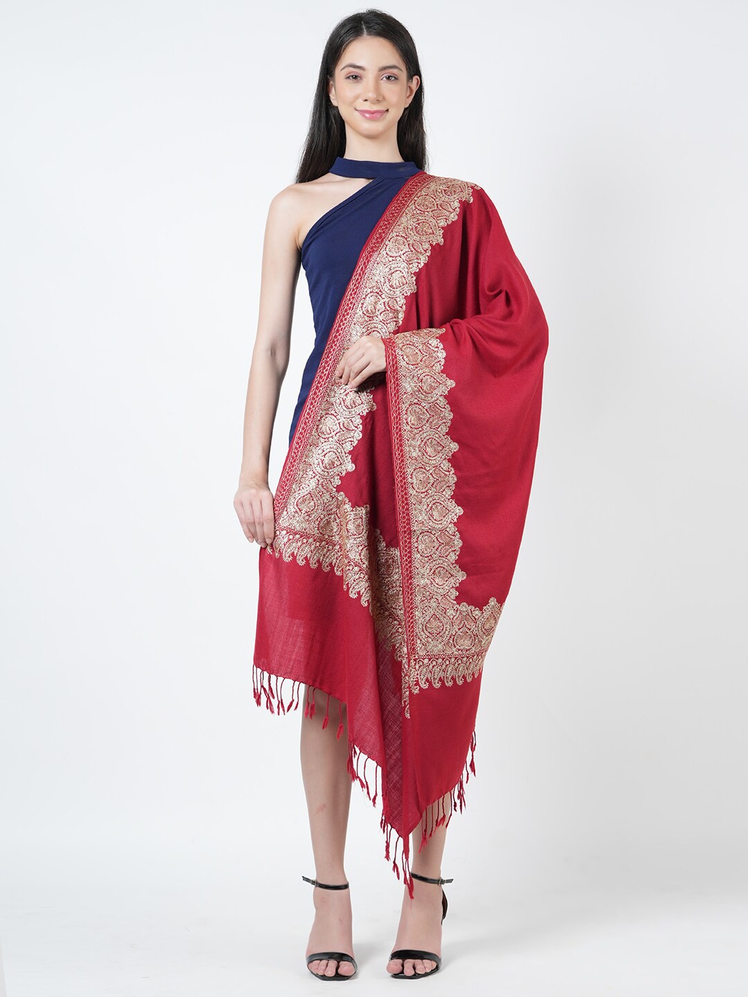 

MUFFLY Ethnic Motifs Embroidered Pure Woolen Shawl, Maroon