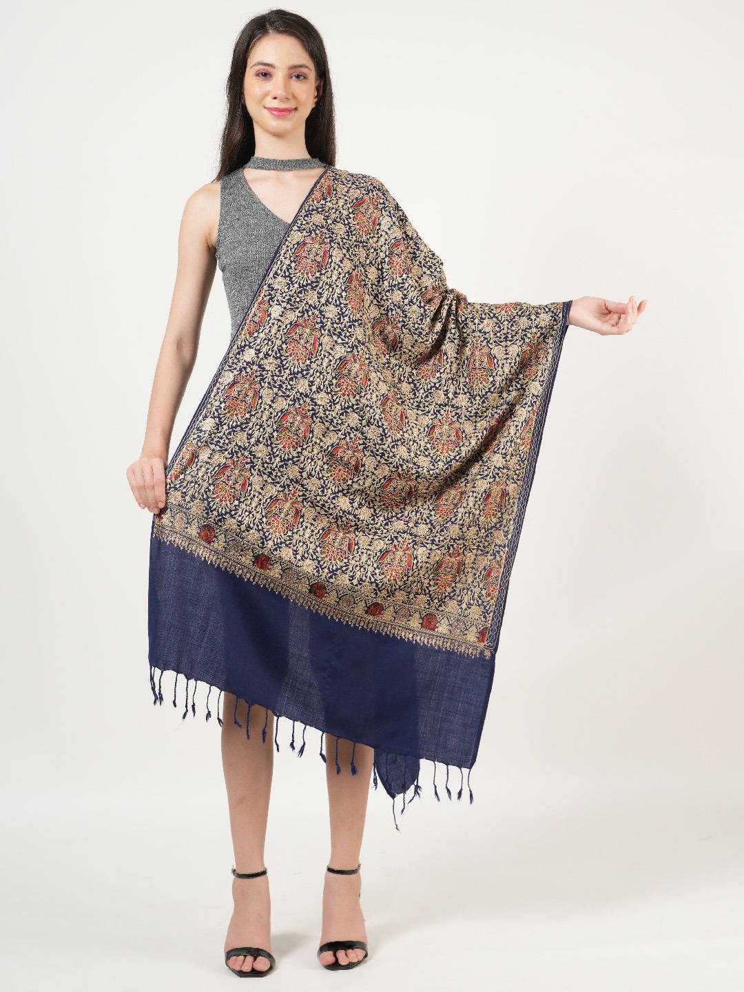 

MUFFLY Embroidered Woolen Shawl, Blue
