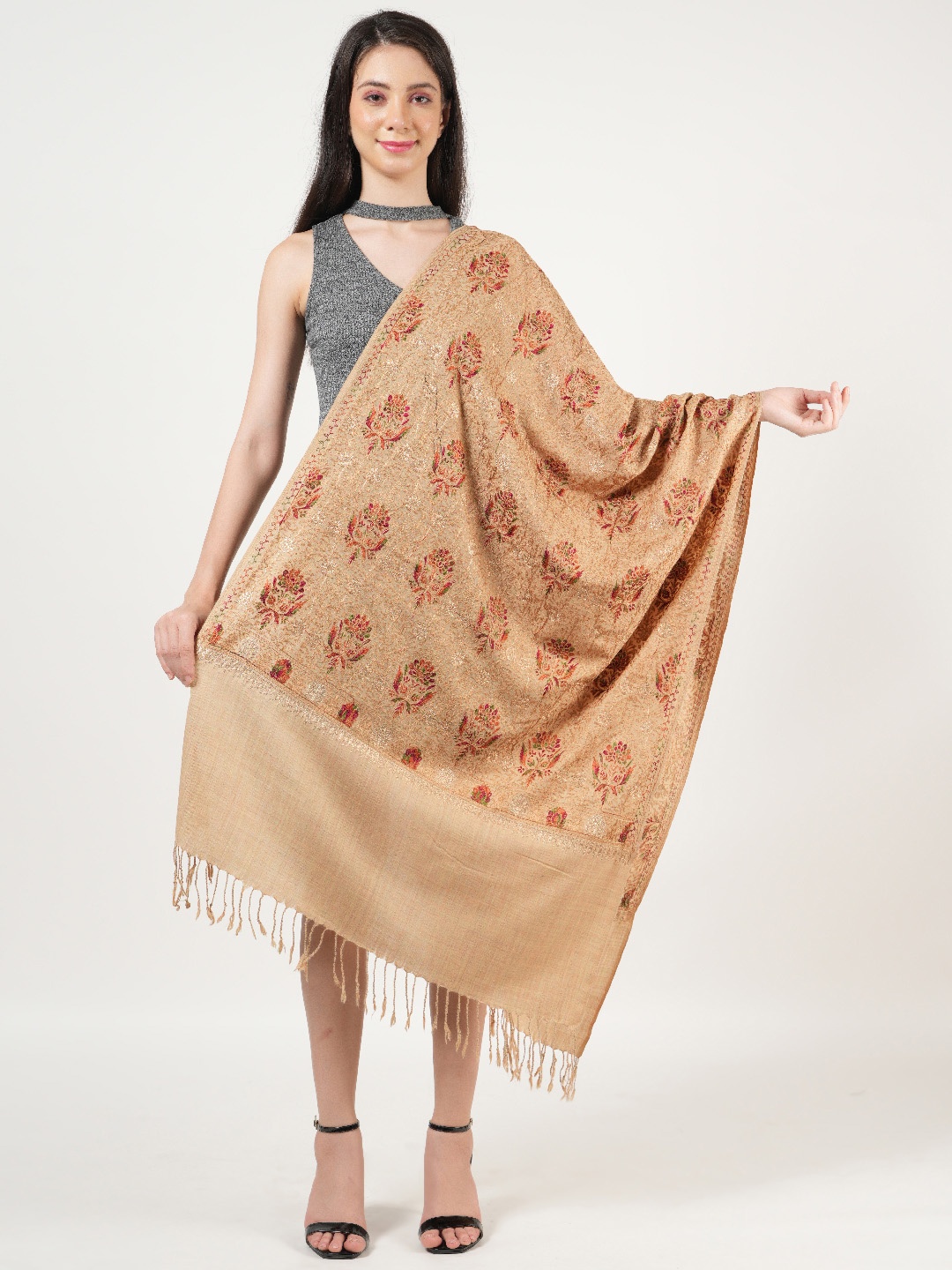 

MUFFLYZari Border Embroidered Silky Pashmina Pure Woolen Shawl, Beige