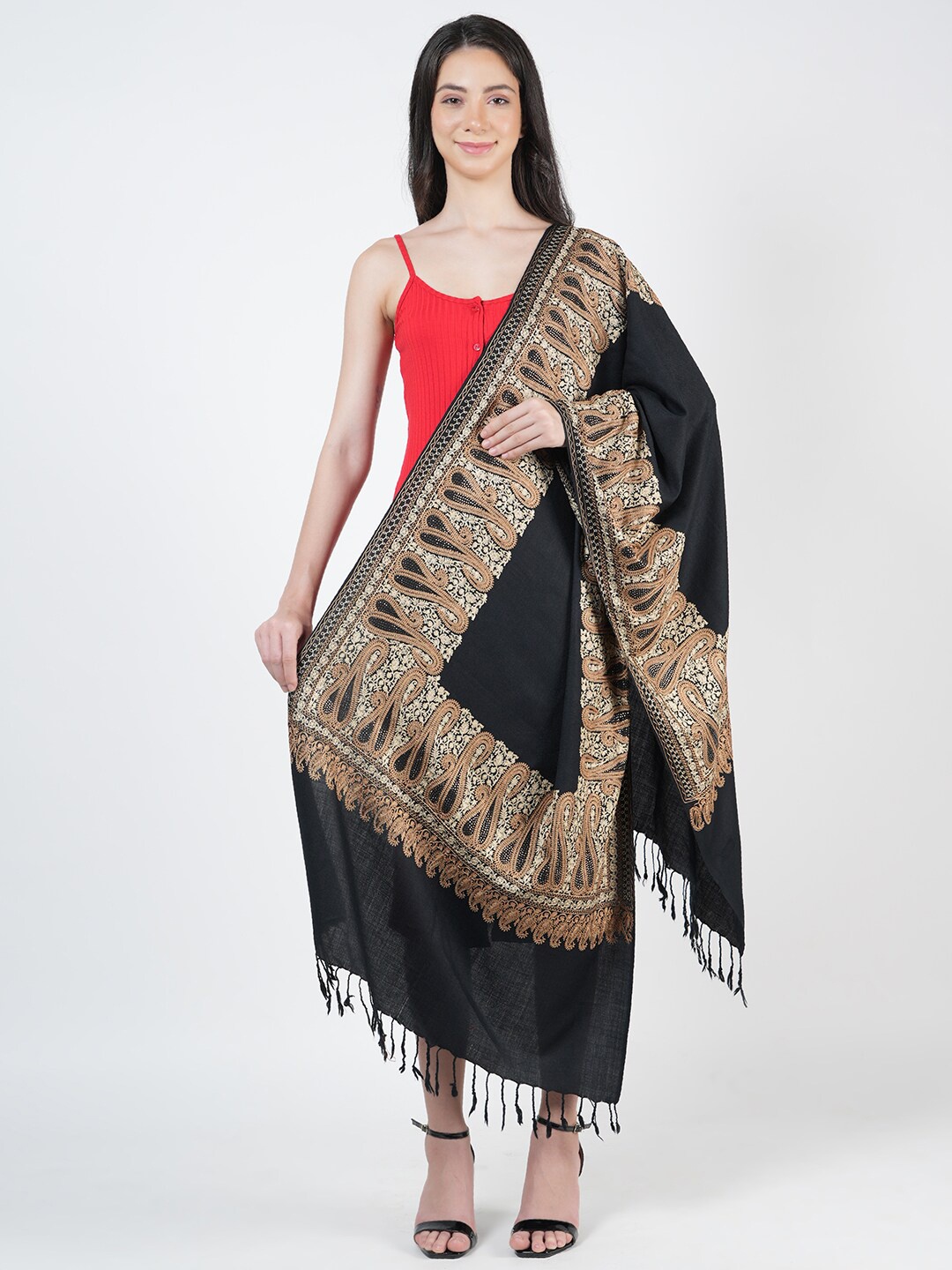 

MUFFLY Paisley Embroidered Pure Woolen Shawl, Black