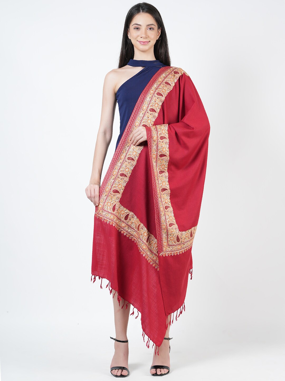 

MUFFLY Ethnic Motifs Embroidered Pure Woolen Shawl, Maroon