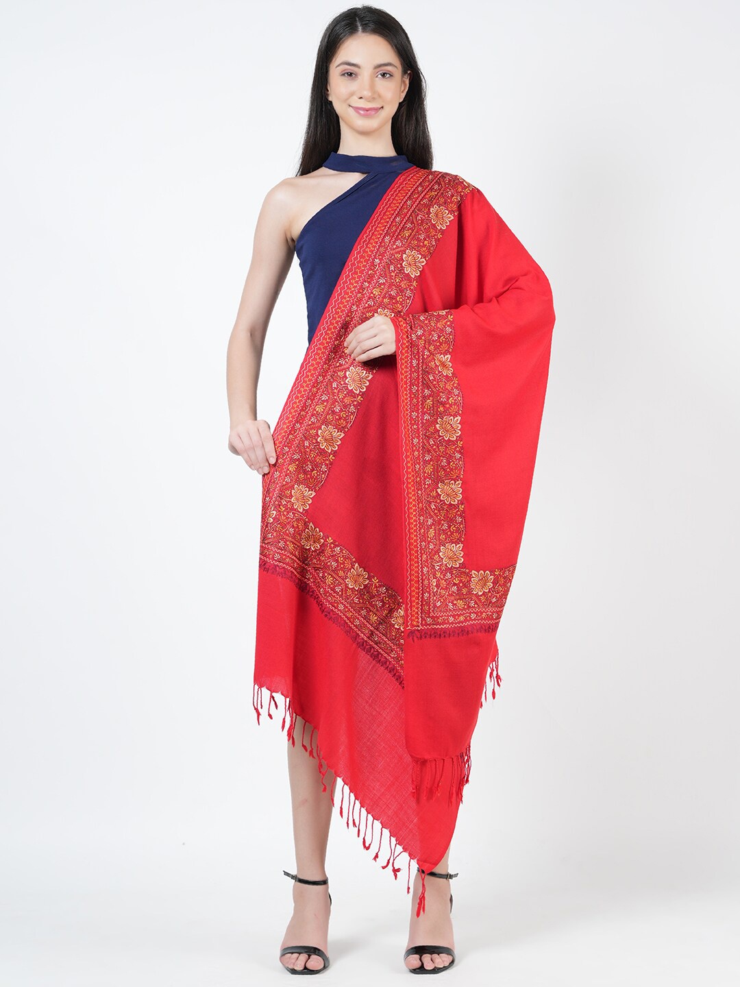 

MUFFLY Floral Embroidered Pure Woolen Shawl, Red
