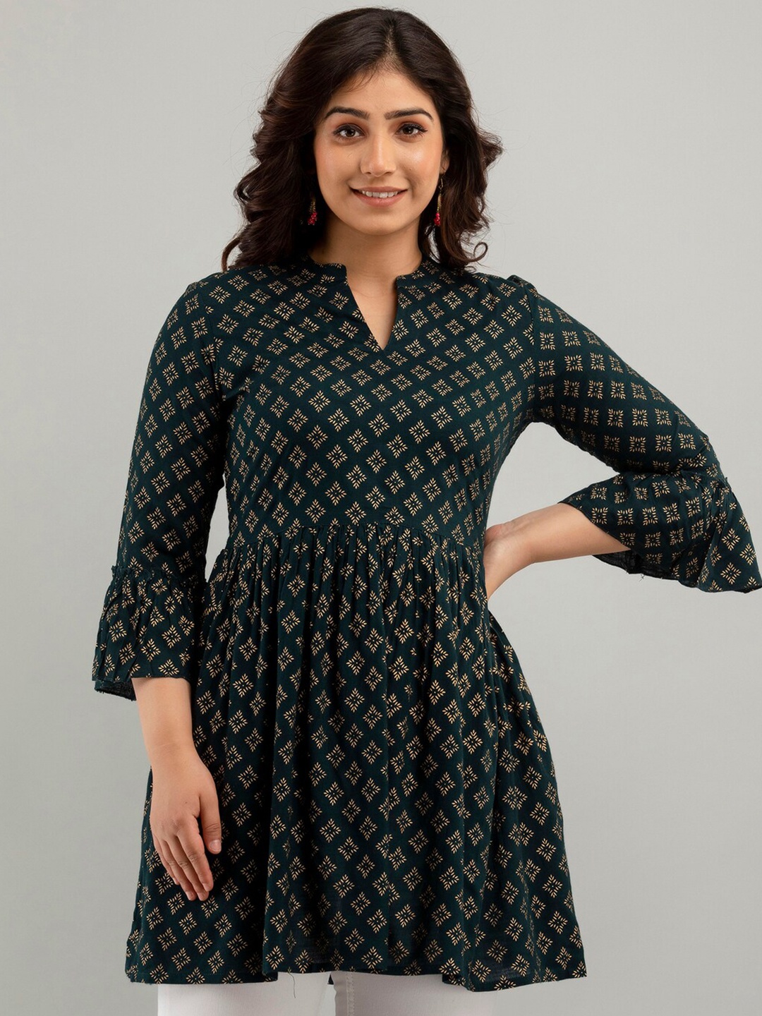 

CKM Ethnic Motifs Printed Mandarin Collar Bell Sleeves Top, Green