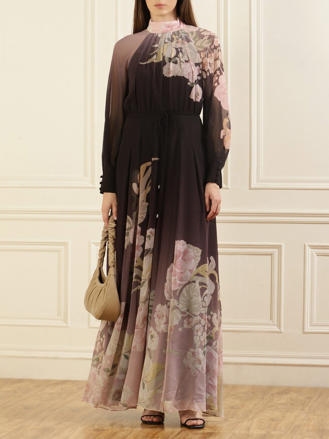 

Ted Baker Floral Printed High Neck Cuffed Sleeve Gathered Maxi Dress, Black