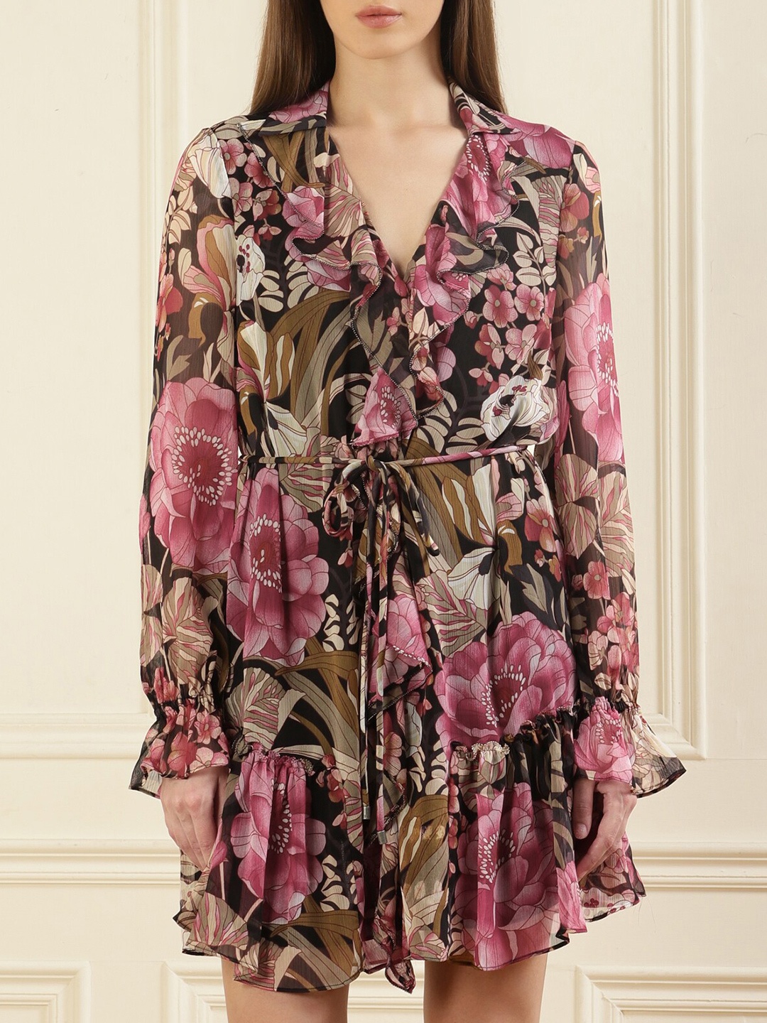 

Ted Baker Black Floral Printed Ruffles Detail A-Line Dress