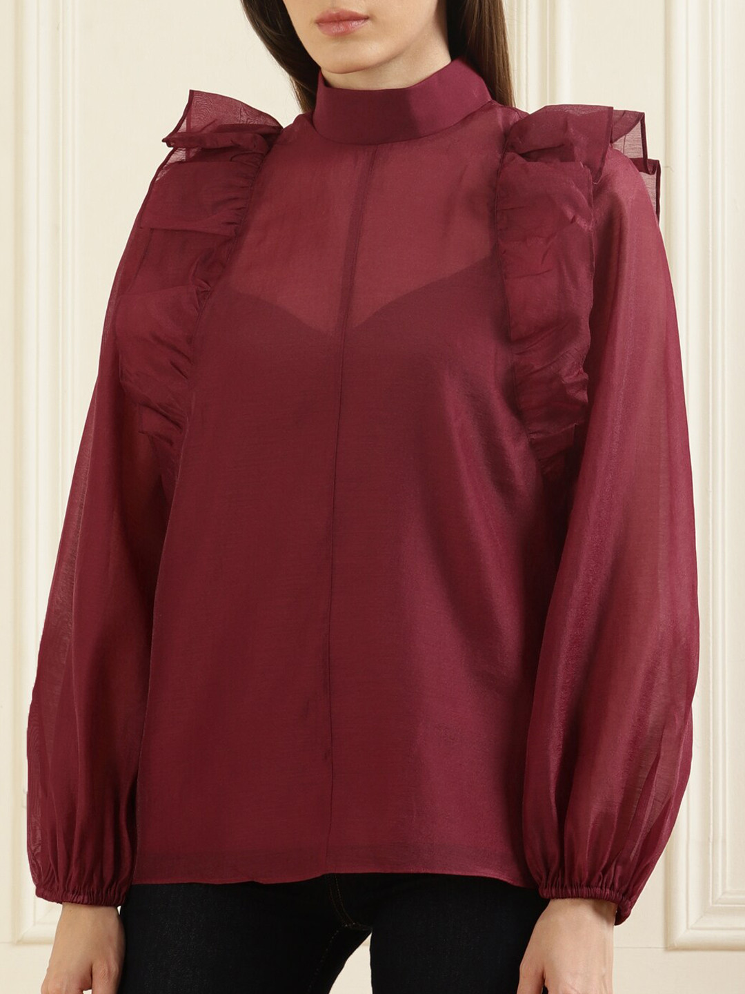 

Ted Baker High-Neck Bishop Sleeves Ruffles Detail Regular Top, Red
