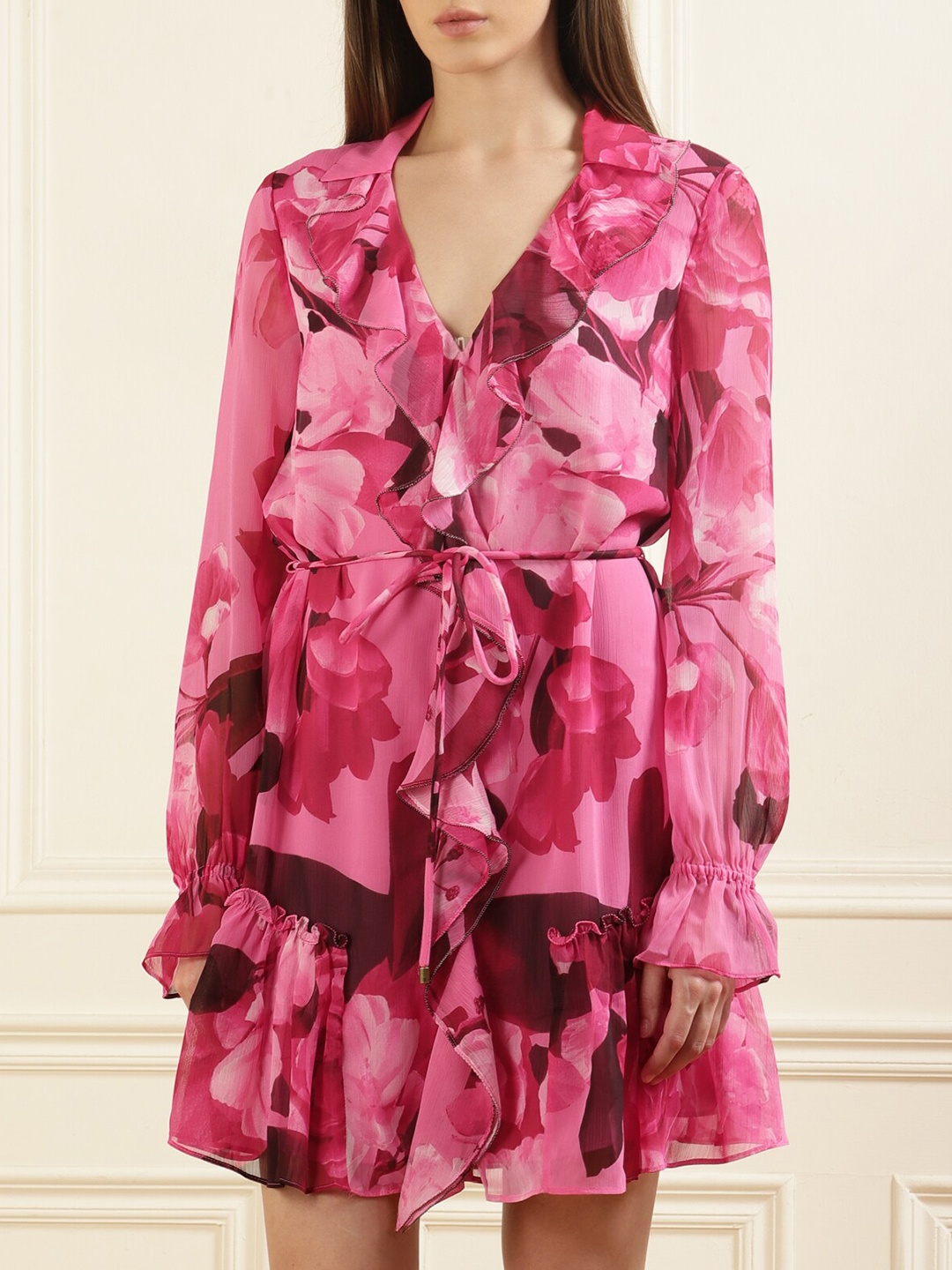 

Ted Baker Black Floral Printed Ruffles Detail A-Line Dress, Pink