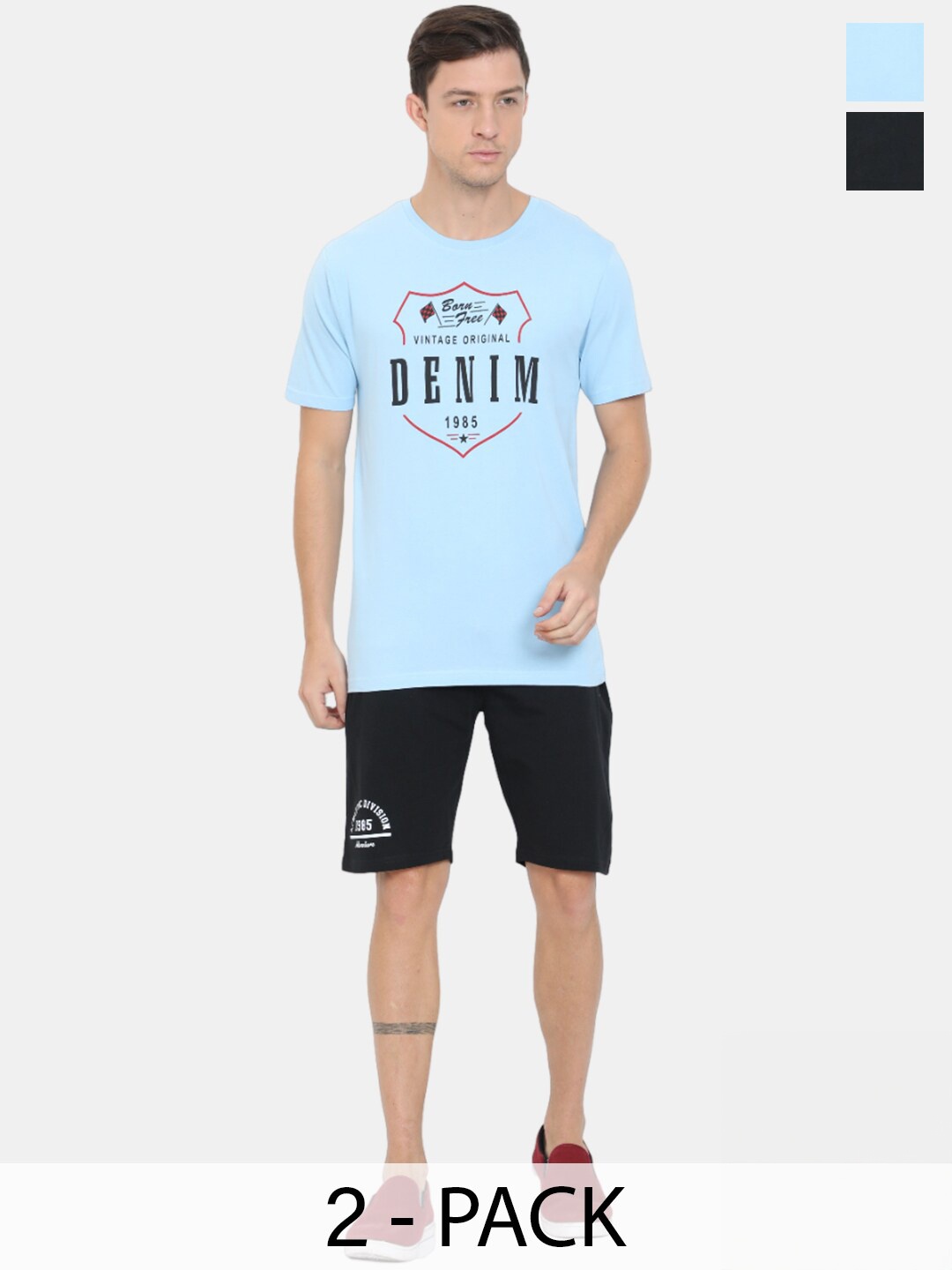 

Masculino Latino Plus Pack Of 2 Typography Printed Pure Cotton T-Shirt & Shorts Tracksuits, Blue