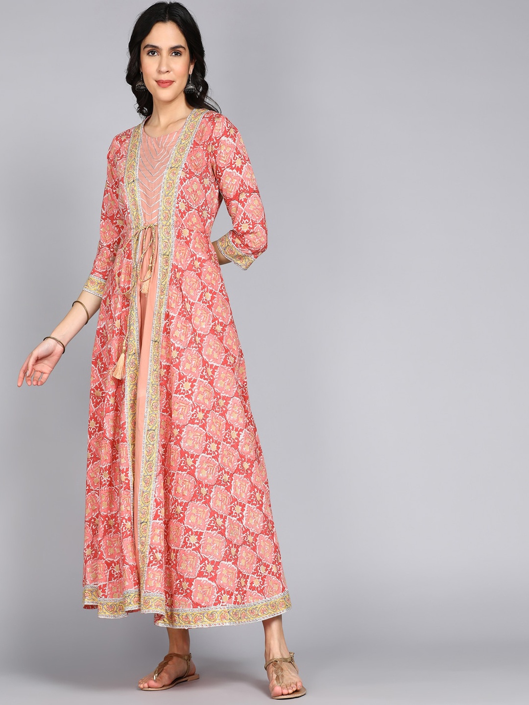 

ftDiva Ethnic Motifs Printed Gotta Patti & Tie Up Fit & Flare Ethnic Dress, Pink
