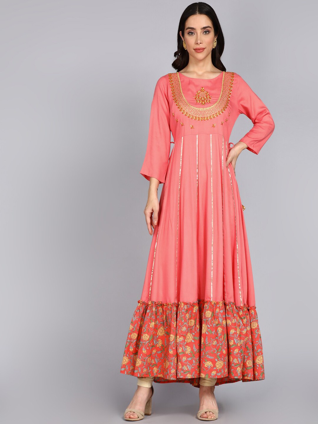 

ftDiva Embroidered Thread Work Anarkali Kurta, Rust