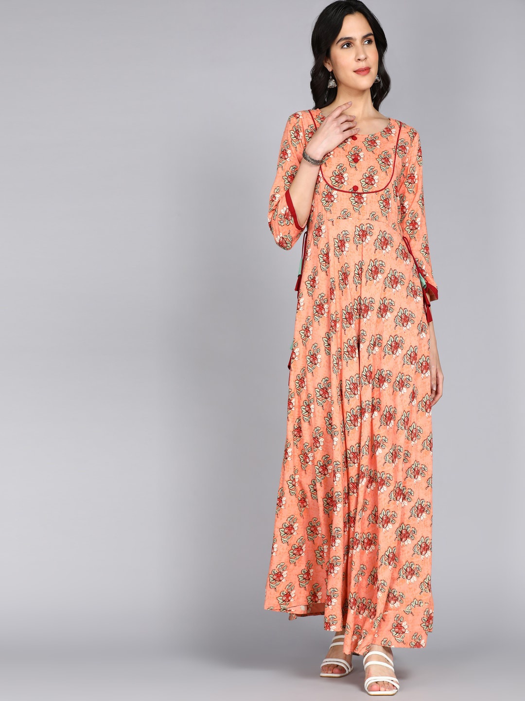 

ftDiva Ethnic Motifs Dyed Keyhole Neck Flared Sleeves A-Line Kurta, Peach