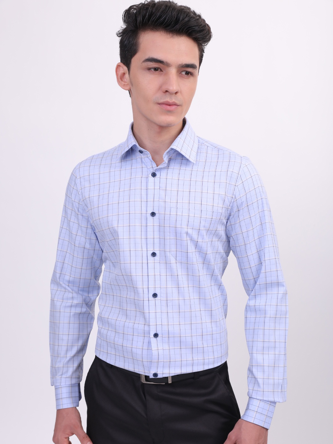

LOUIS STITCH Spread Collar Comfort Checked Premium Cotton Formal Shirt, Blue