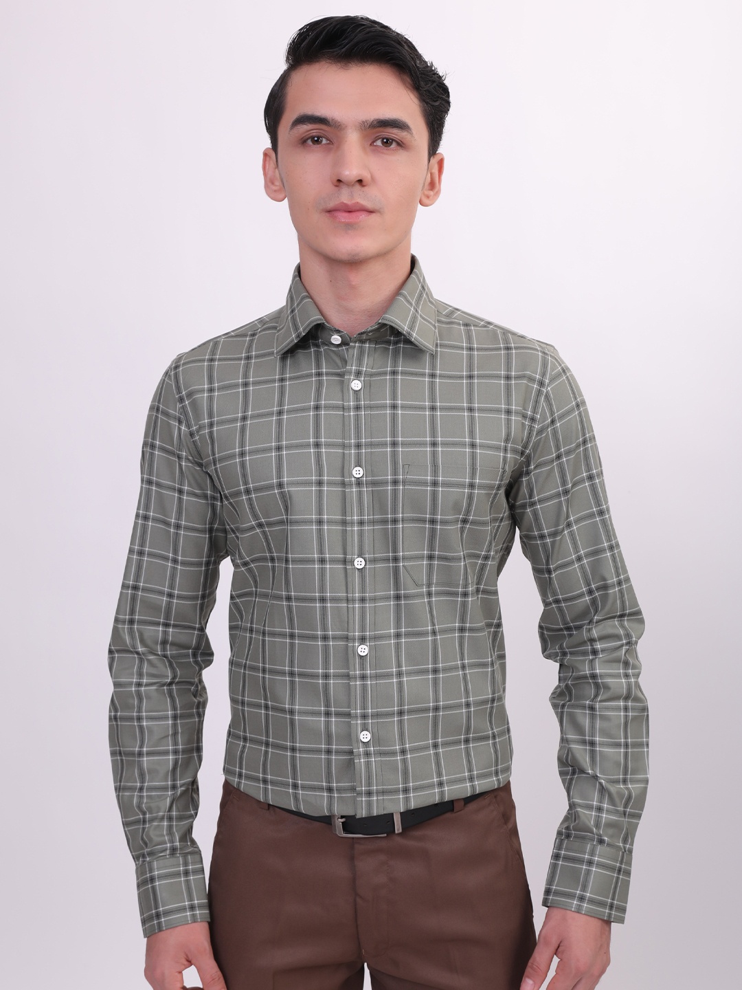 LOUIS STITCH Spread Collar Comfort Checked Premium Cotton Formal Shirt, Green