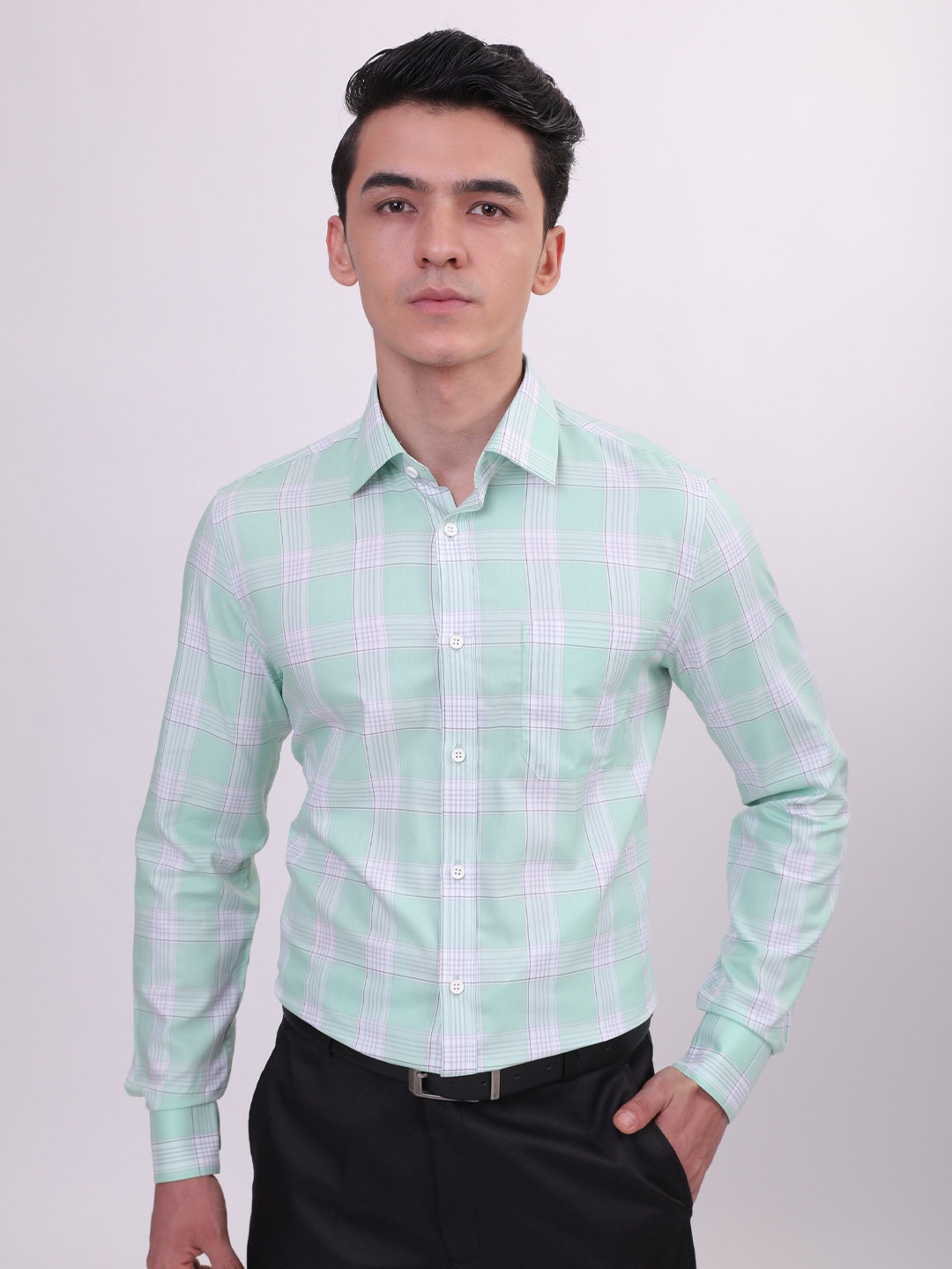 LOUIS STITCH Comfort Checked Spread Collar Cotton Formal Shirt, Green