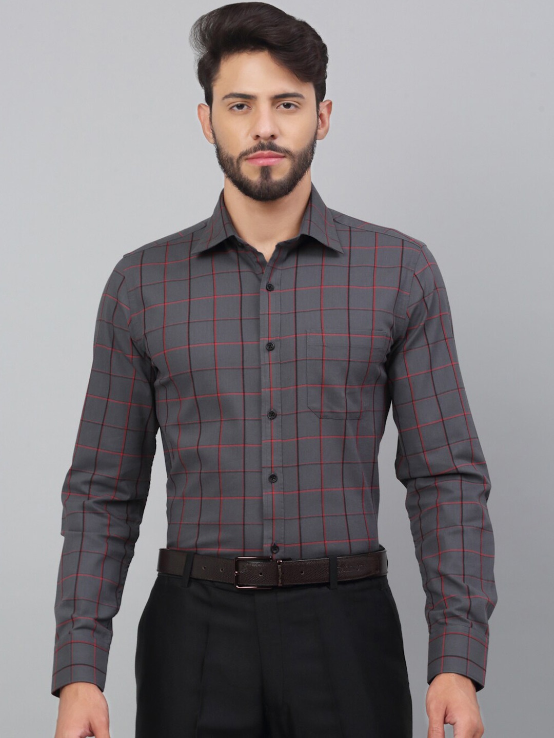 

LOUIS STITCH Comfort Regular Fit Tartan Checked Pure Cotton Formal Shirt, Grey