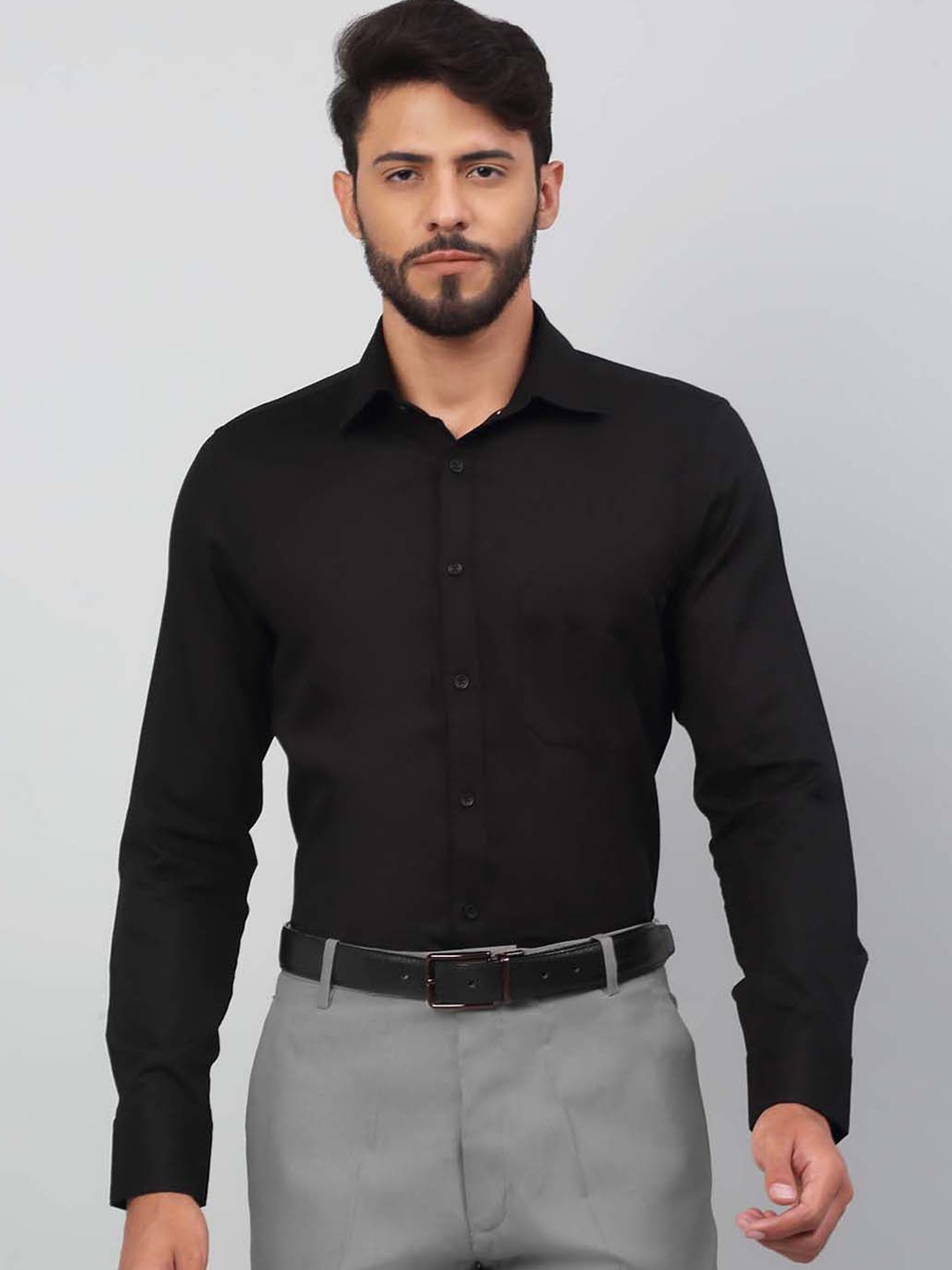 LOUIS STITCH Spread Collar Comfort Premium Cotton Formal Shirt, Black