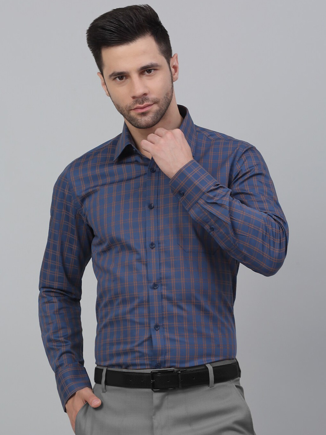 

LOUIS STITCH Comfort Other Checked Spread Collar Pocket Cotton Formal Shirt, Blue
