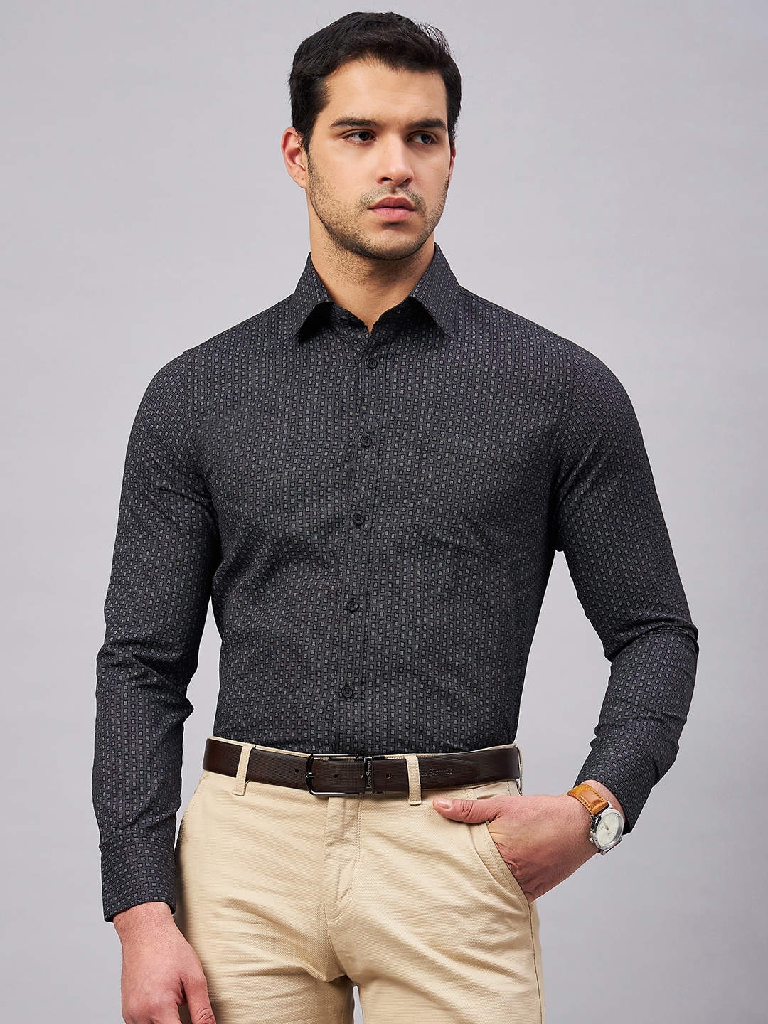 

LOUIS STITCH Comfort Geometric Printed Formal Cotton Shirt, Black