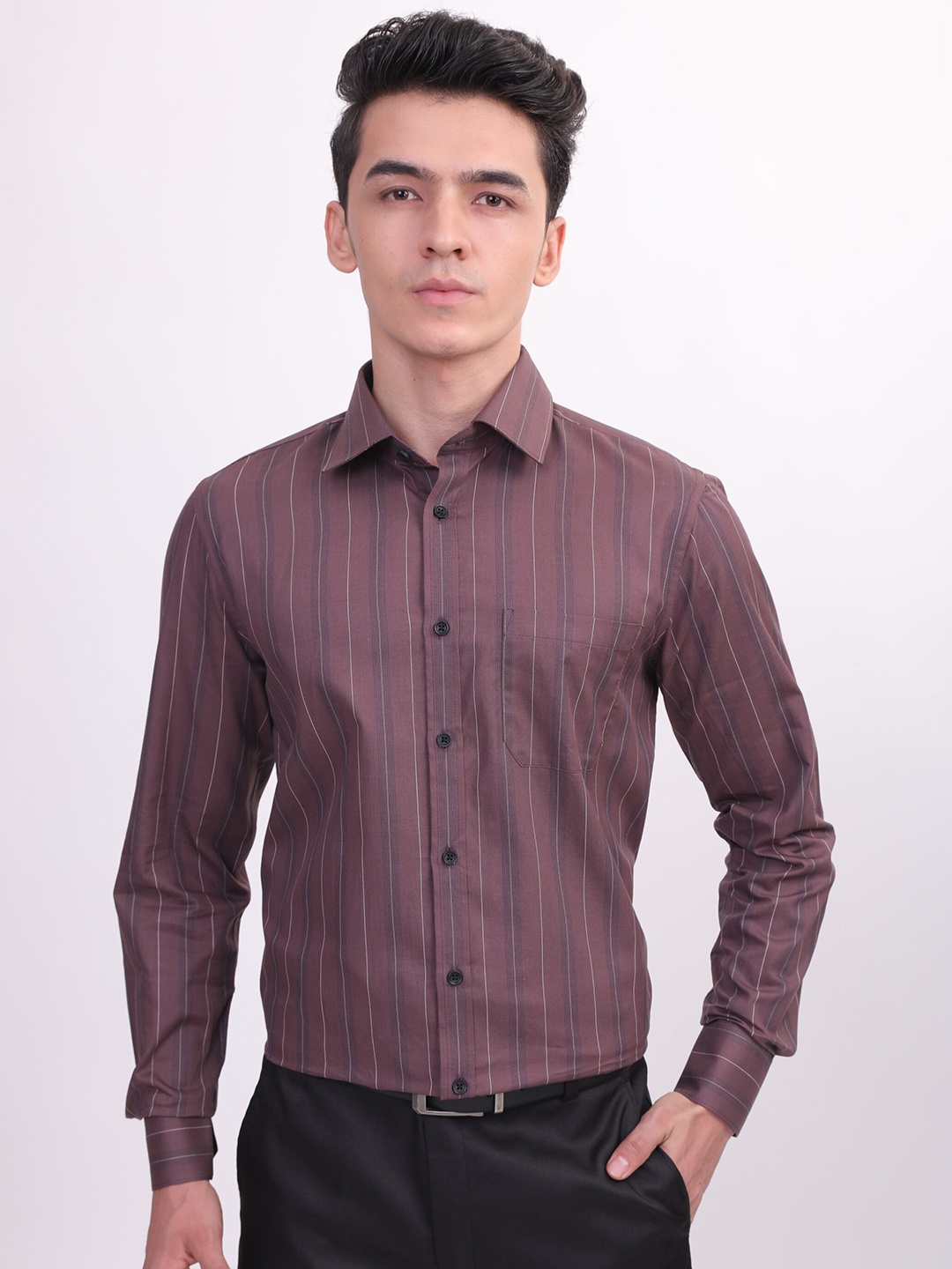 

LOUIS STITCH Comfort Vertical Striped Cotton Formal Shirt, Brown