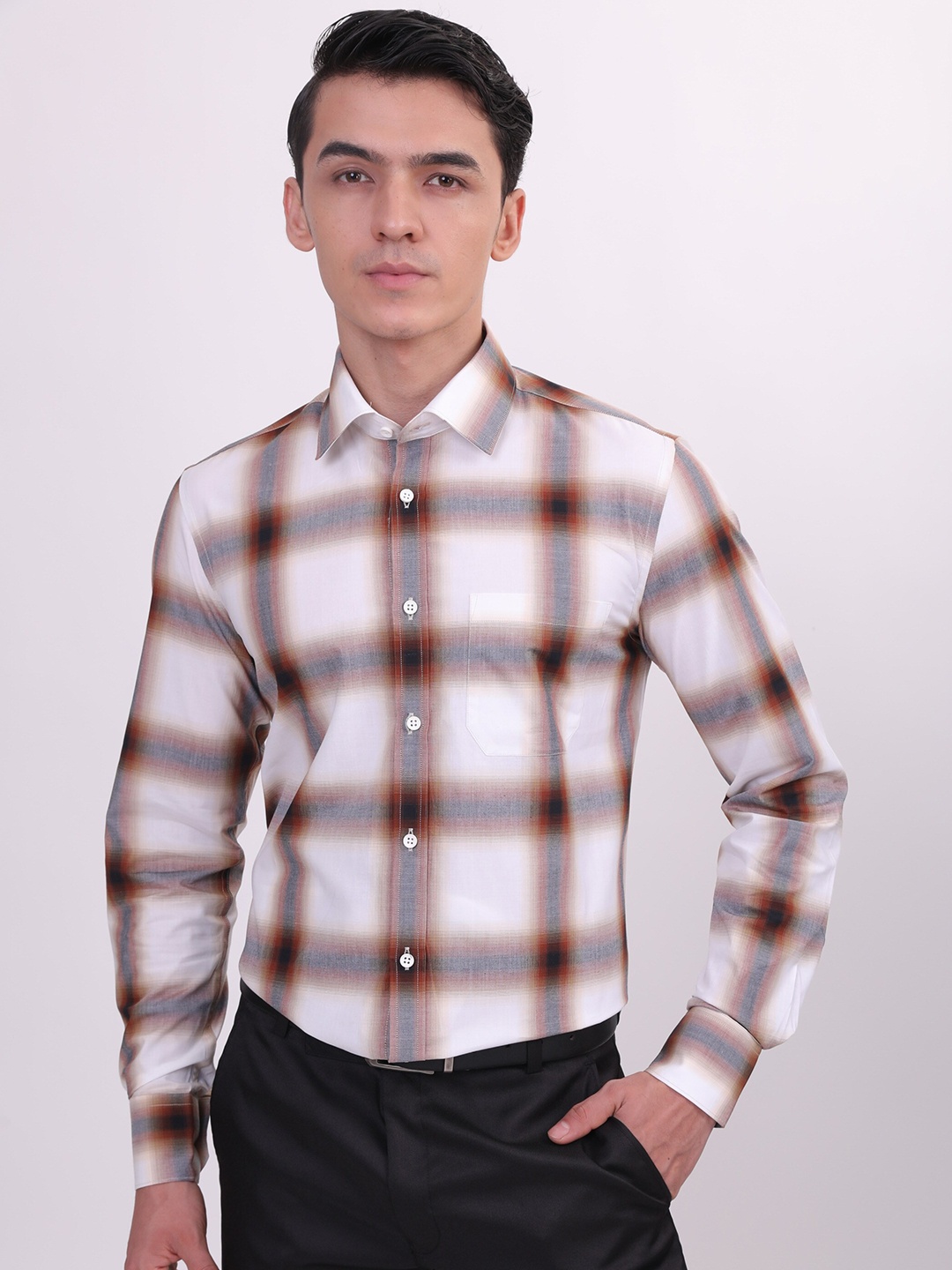 LOUIS STITCH Comfort Fit Tartan Checked Cotton Formal Shirt, Brown
