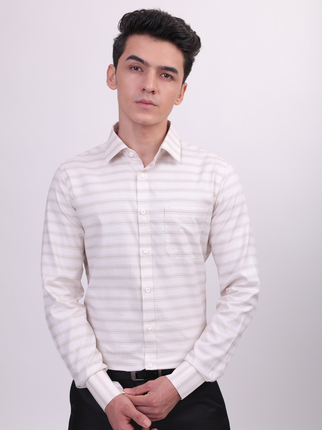 LOUIS STITCH Comfort Horizontal Striped Formal Shirt, Brown