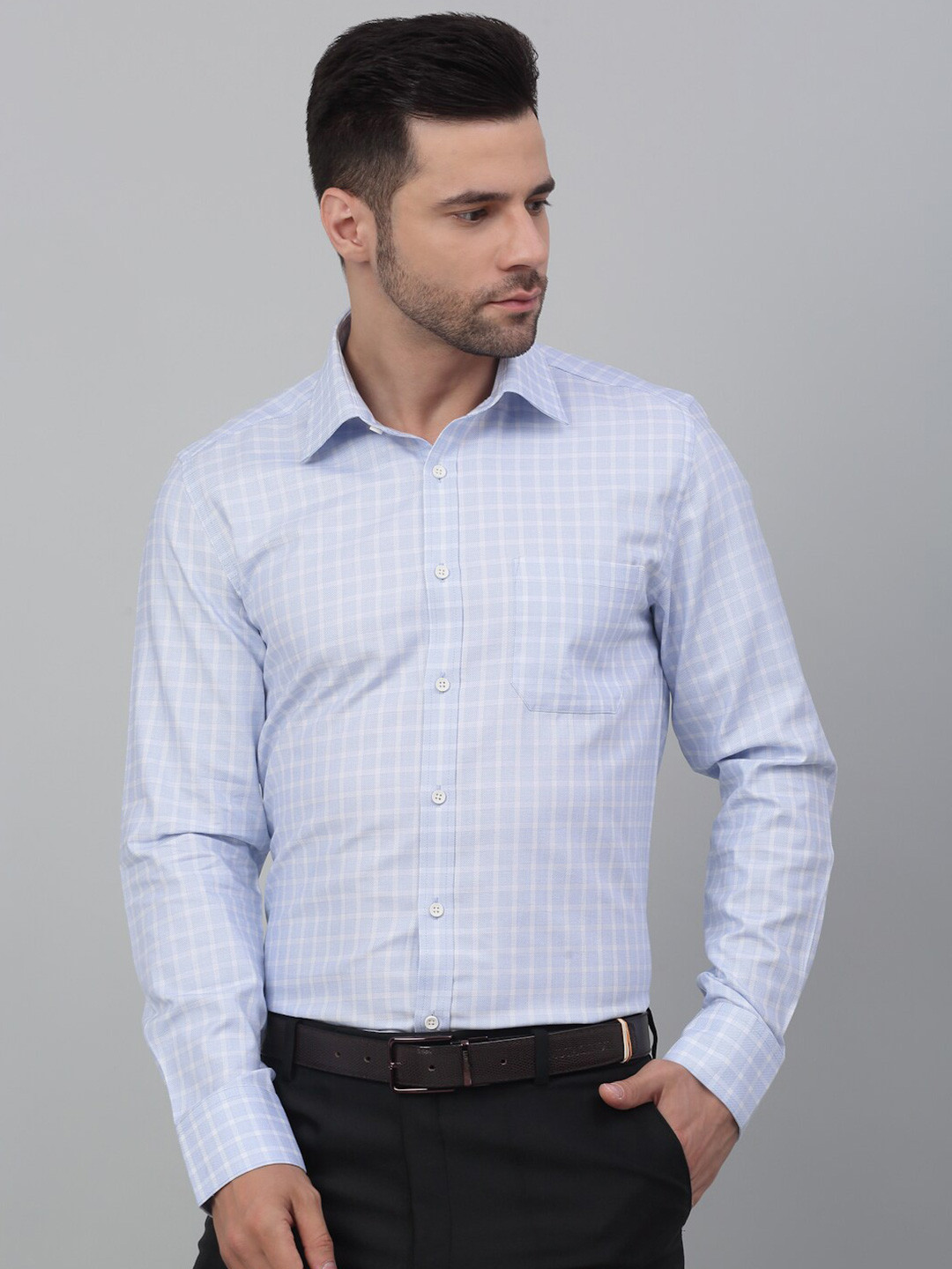 

LOUIS STITCH Comfort Grid Tattersall Checked Pure Cotton Formal Shirt, Blue