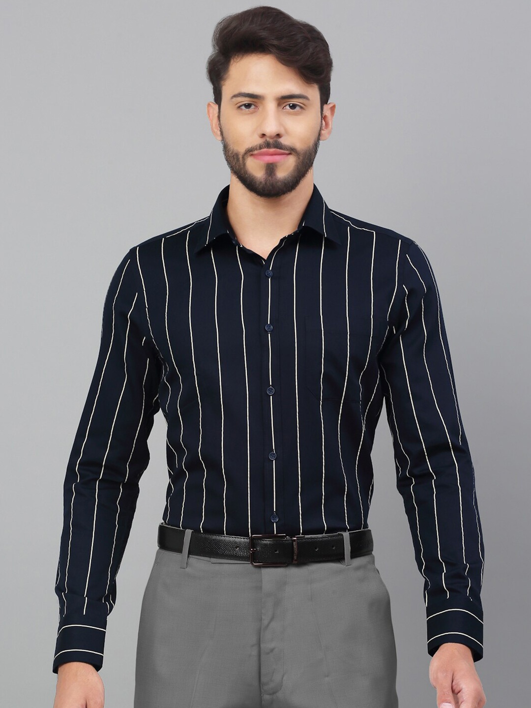 

LOUIS STITCH Comfort Striped Cotton Formal Shirt, Navy blue