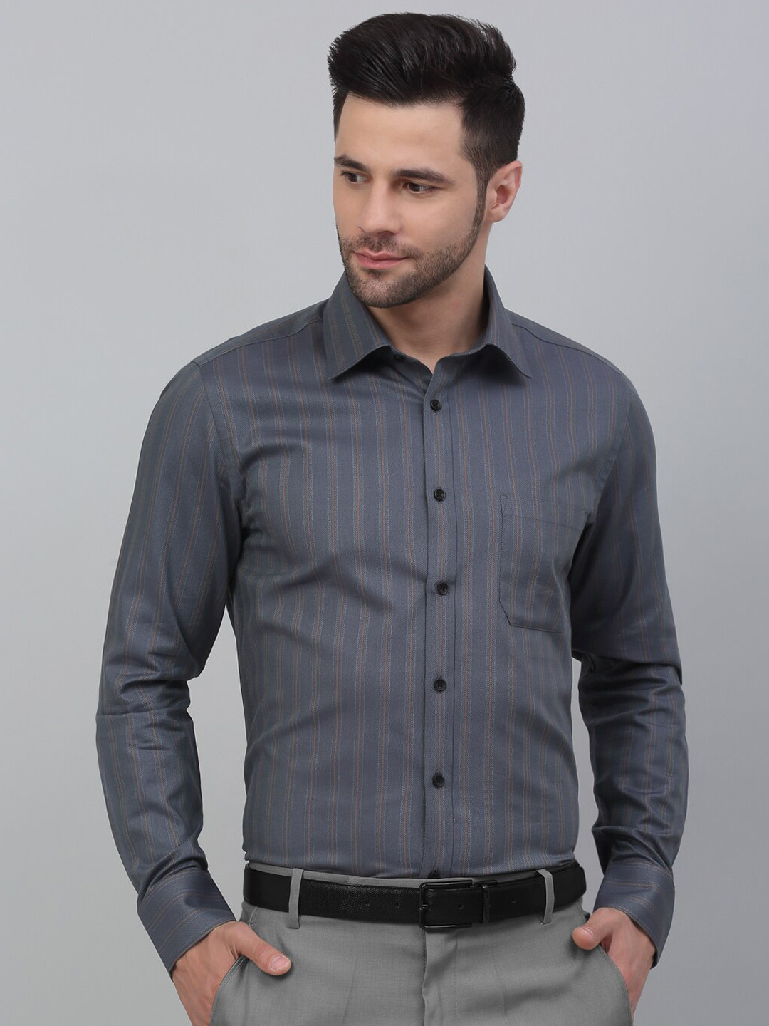 

LOUIS STITCH Comfort Grid Tattersall Checks Striped Formal Shirt, Grey